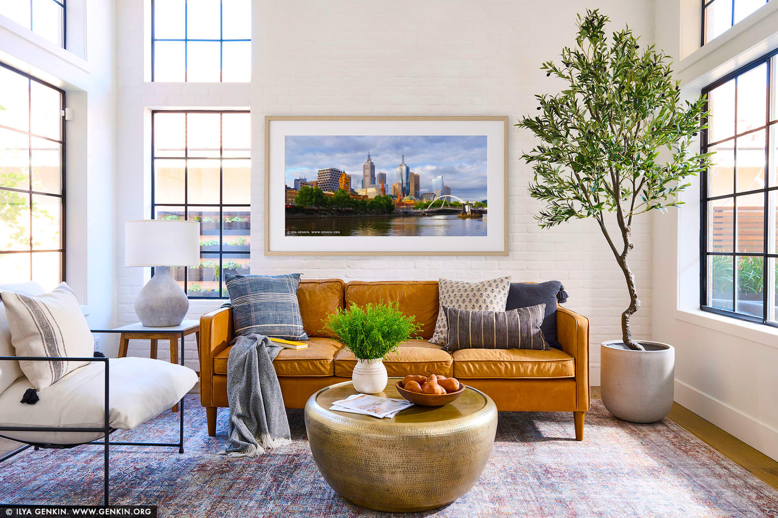 Melbourne and Flinders Street Station wall art in a minimalist living room interior