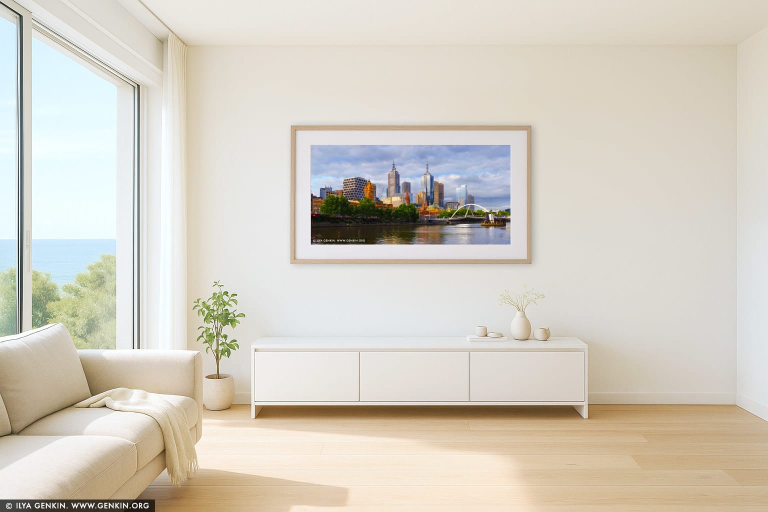 Melbourne and Flinders Street Station wall art in a minimalist living room interior