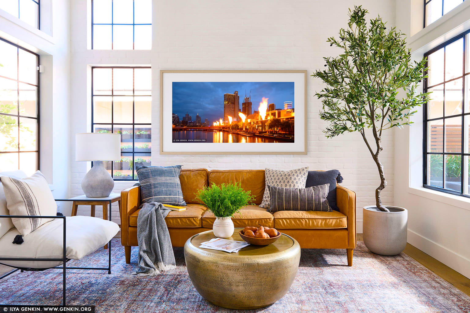 Fire Show at Crown Casino wall art in a luxury living room interior