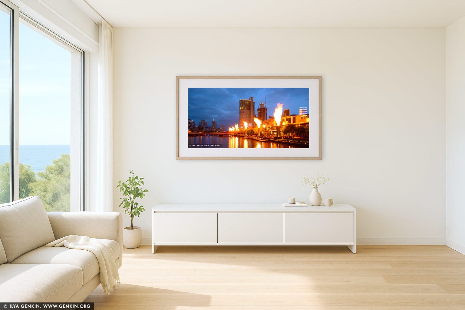 Fire Show at Crown Casino wall art in a luxury living room interior