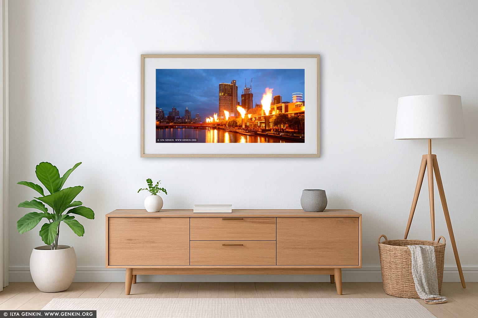 Fire Show at Crown Casino wall art in a modern living room interior