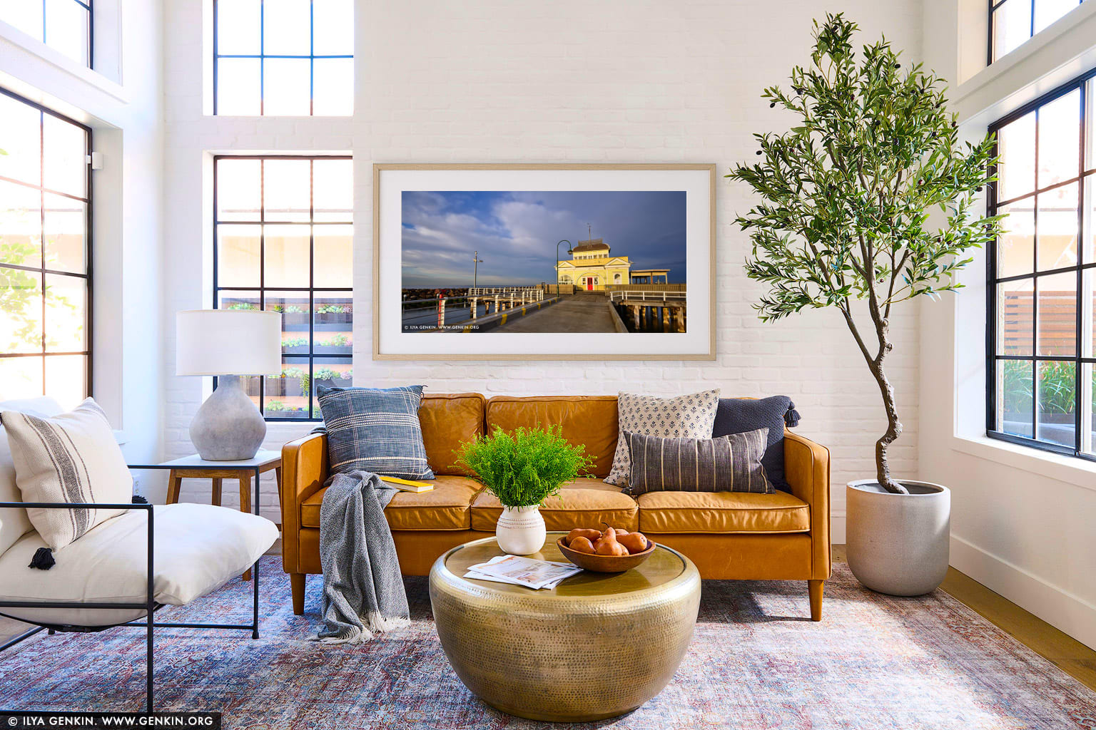 St Kilda Pavilion at Sunrise wall art in a contemporary living room interior