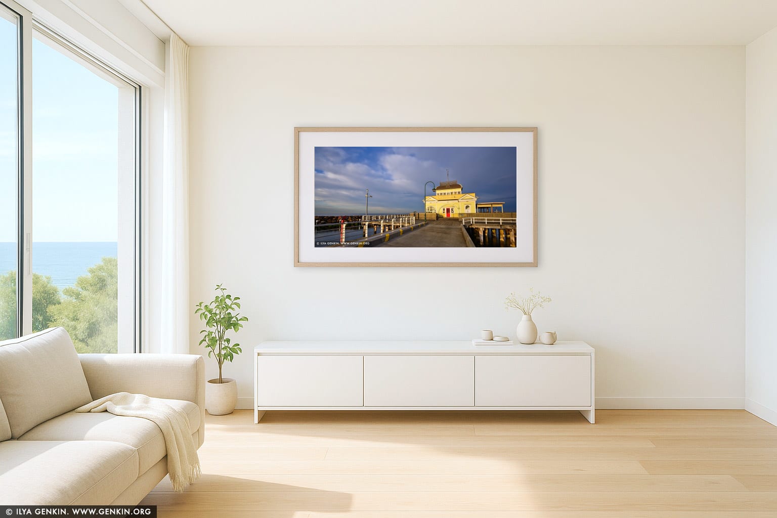 St Kilda Pavilion at Sunrise wall art in a contemporary living room interior
