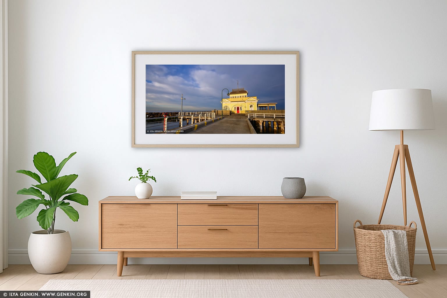St Kilda Pavilion at Sunrise wall art in a minimalist living room interior
