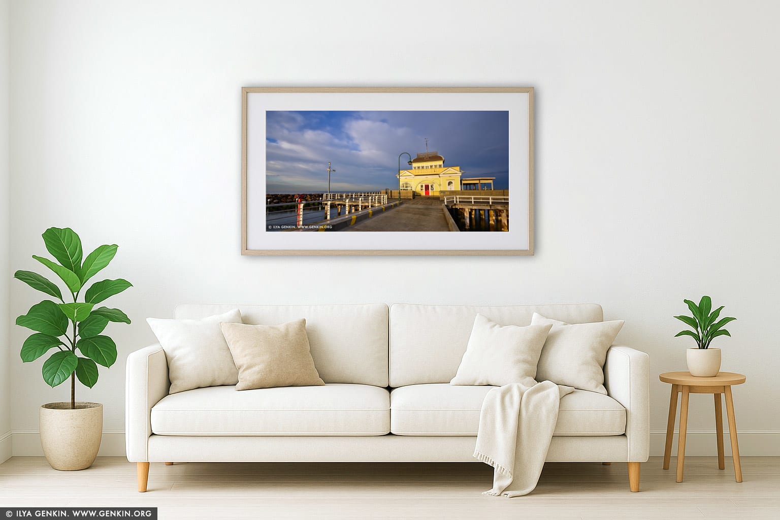 St Kilda Pavilion at Sunrise wall art in a modern living room interior