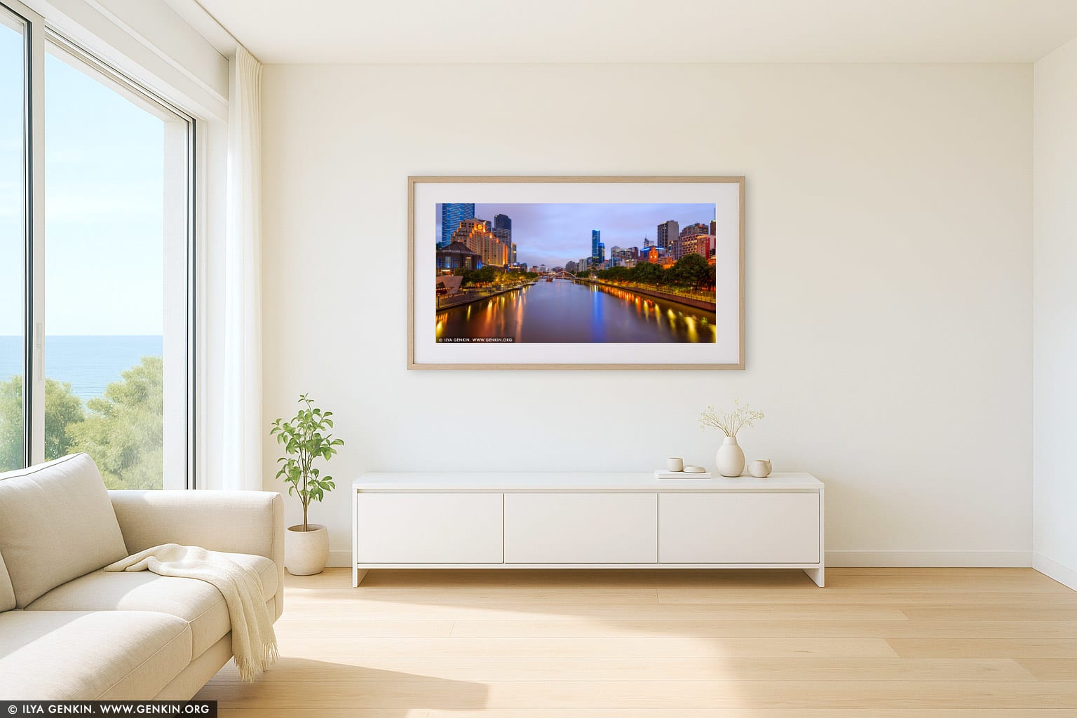 Melbourne, South Bank and Yarra River before Sunrise wall art in a luxury living room interior