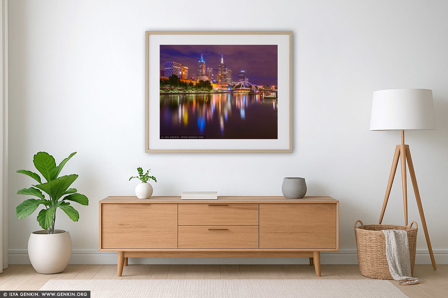 Melbourne and Flinders Street Station at Night wall art in a contemporary living room interior