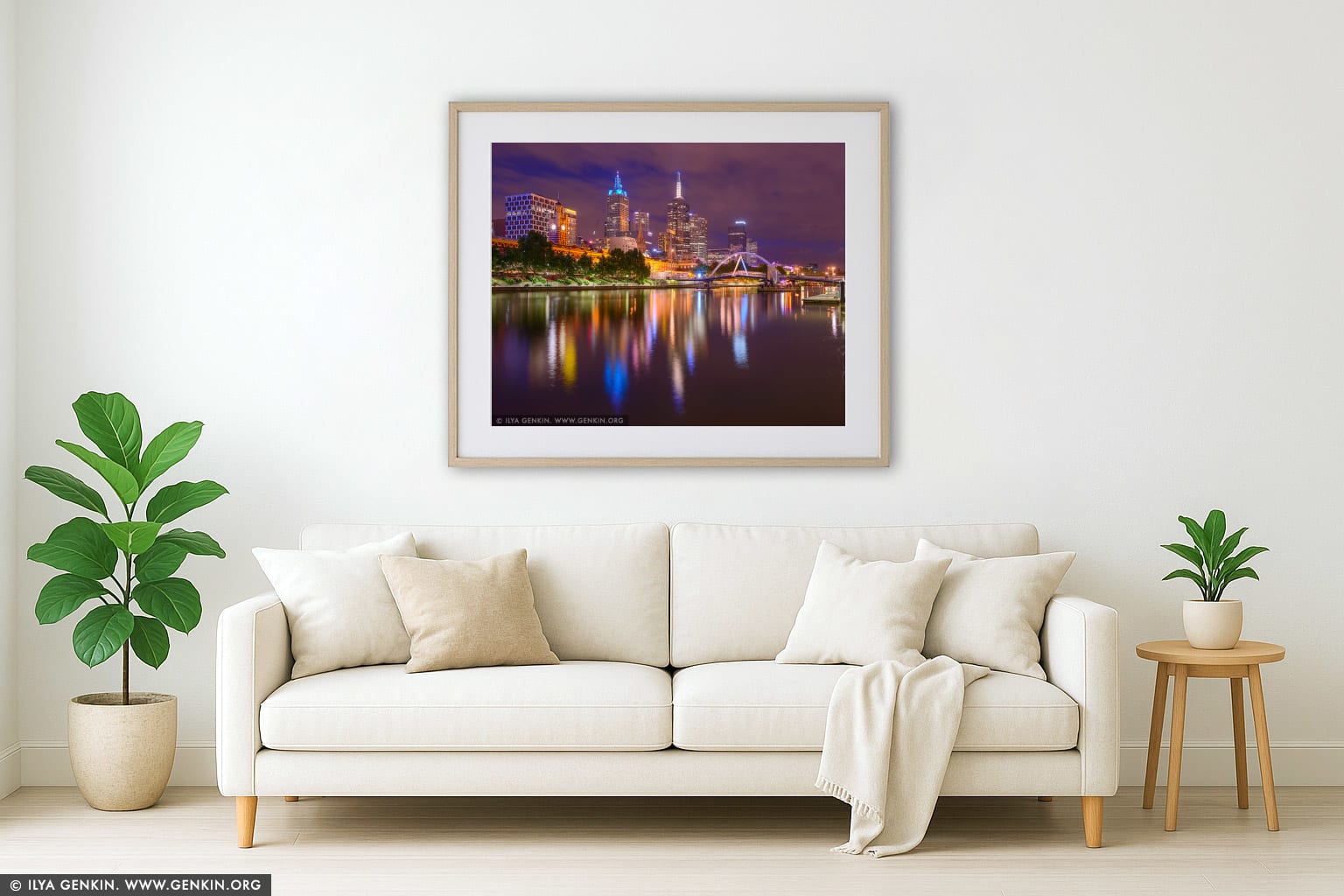 Melbourne and Flinders Street Station at Night wall art in a luxury living room interior