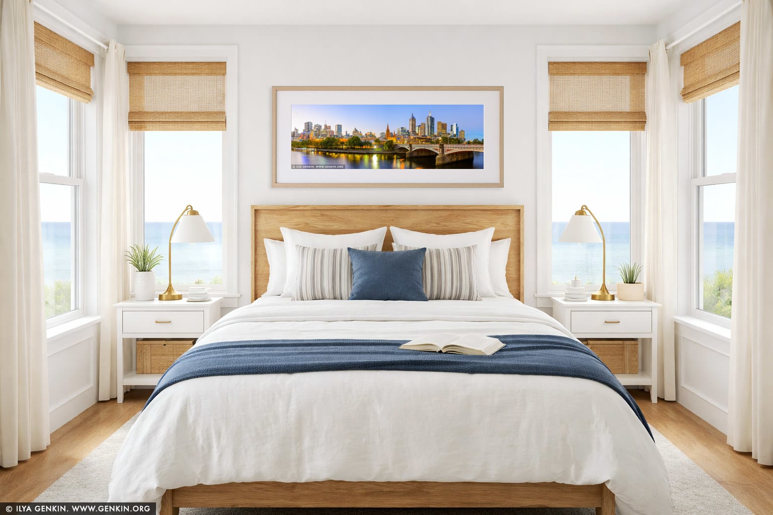 Melbourne, Princes Bridge and Flinders Street Station at Sunset wall art in a bedroom interior