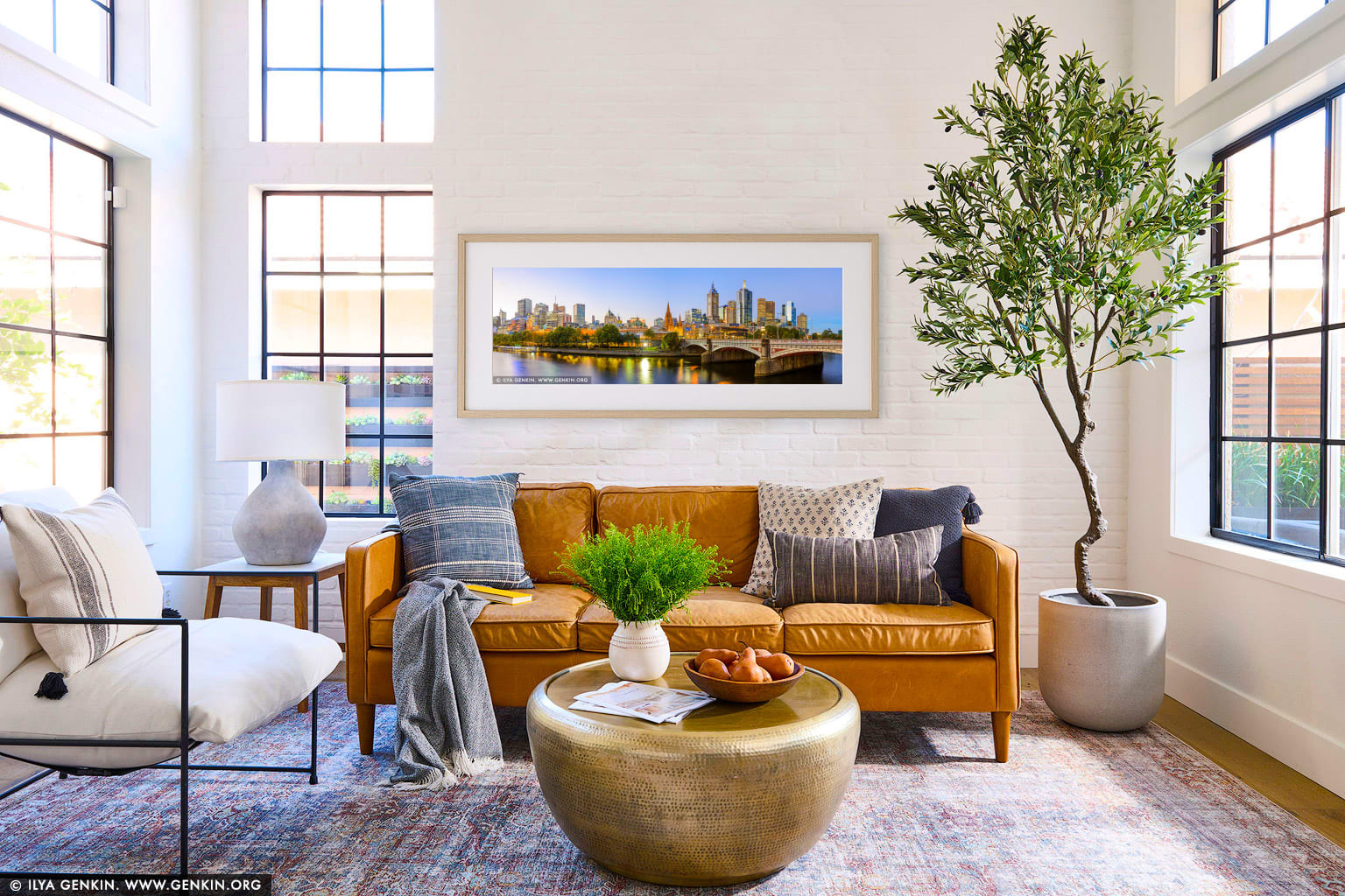 Melbourne, Princes Bridge and Flinders Street Station at Sunset wall art in a minimalist living room interior