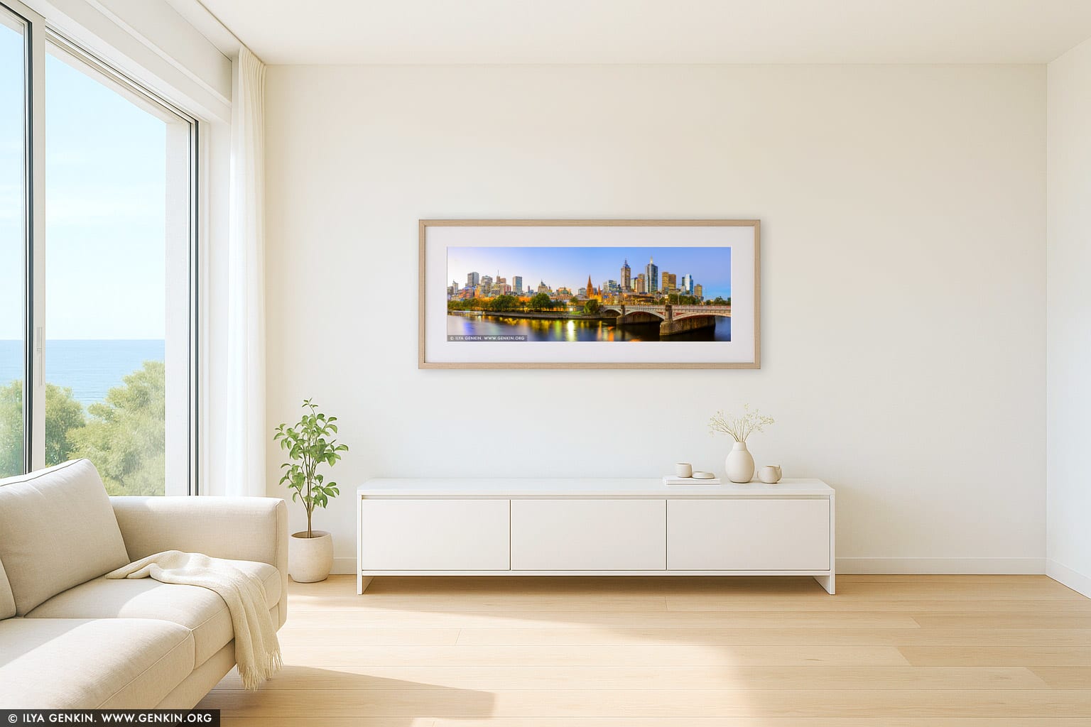 Melbourne, Princes Bridge and Flinders Street Station at Sunset wall art in a minimalist living room interior