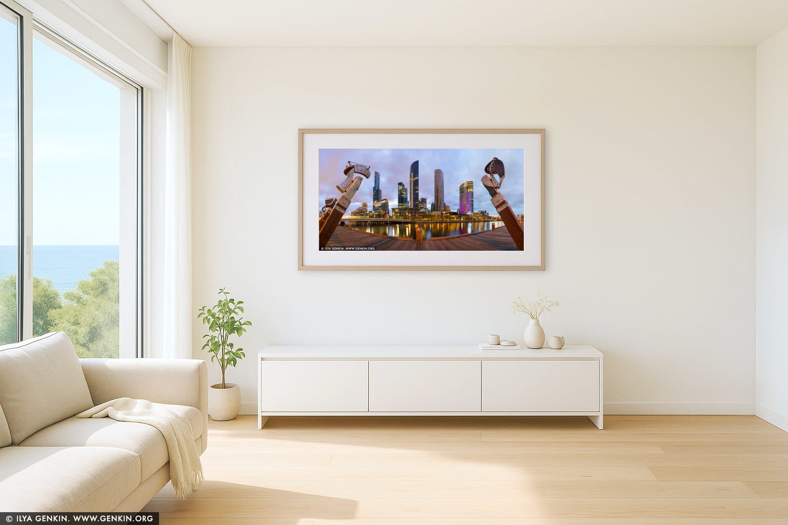 Enterprize Landing and Southbank at Sunset wall art in a luxury living room interior