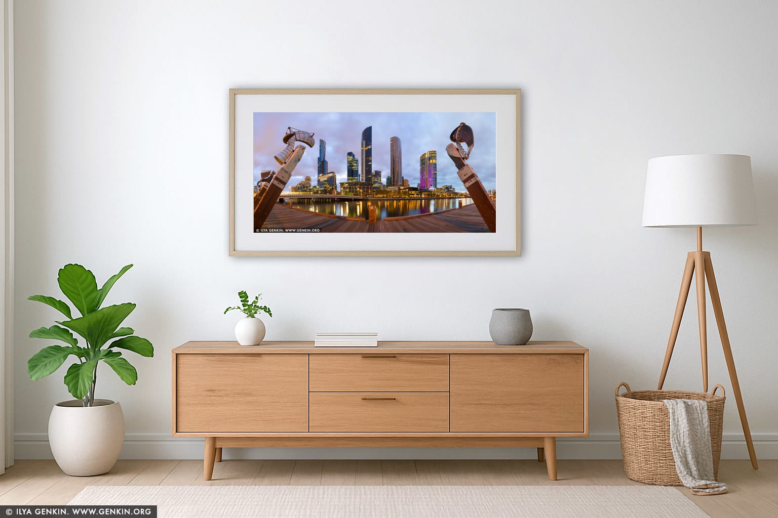 Enterprize Landing and Southbank at Sunset wall art in a modern living room interior