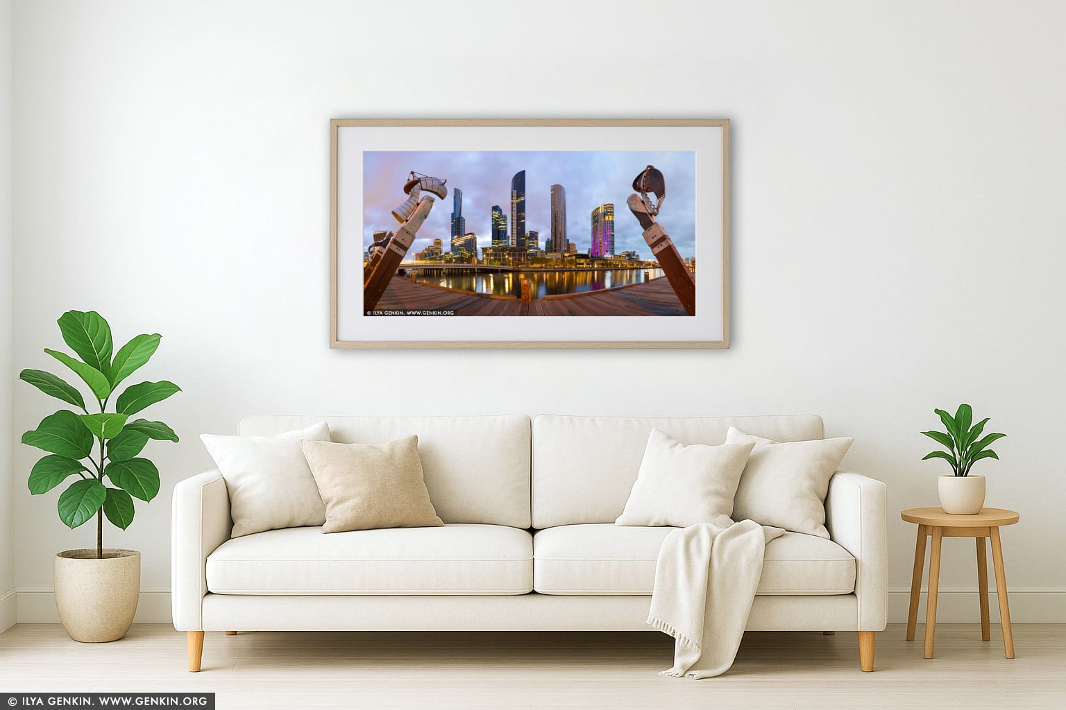 Enterprize Landing and Southbank at Sunset wall art in a minimalist living room interior