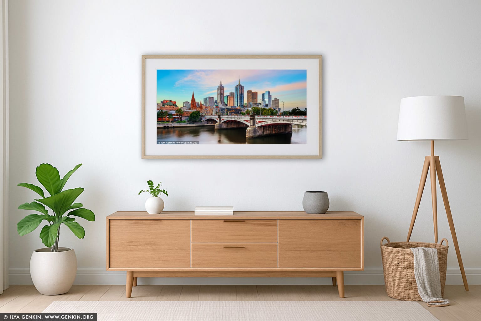 Melbourne, Princes Bridge and Flinders Street Station at Sunset wall art in a contemporary living room interior