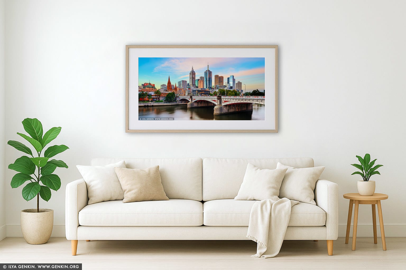 Melbourne, Princes Bridge and Flinders Street Station at Sunset wall art in a luxury living room interior
