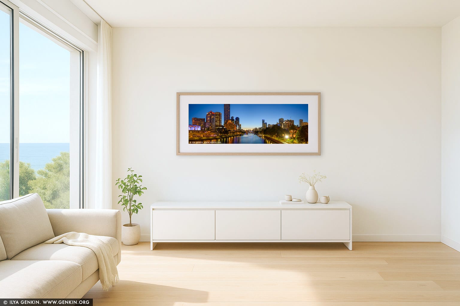 Melbourne, Southbank and Yarra River after Sunset wall art in a contemporary living room interior