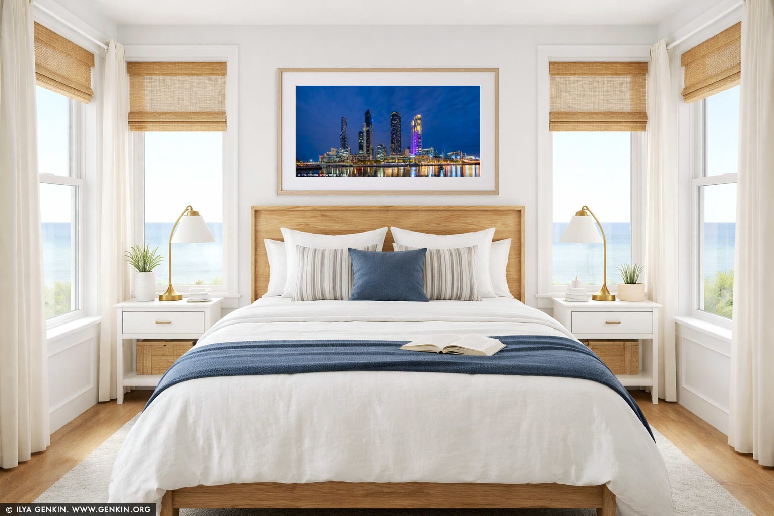 Panorama of the Southbank at Sunset wall art in a bedroom interior