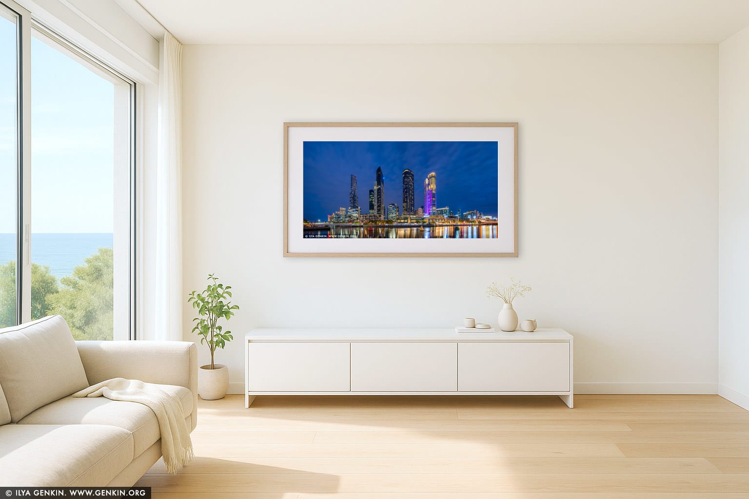 Panorama of the Southbank at Sunset wall art in a modern living room interior