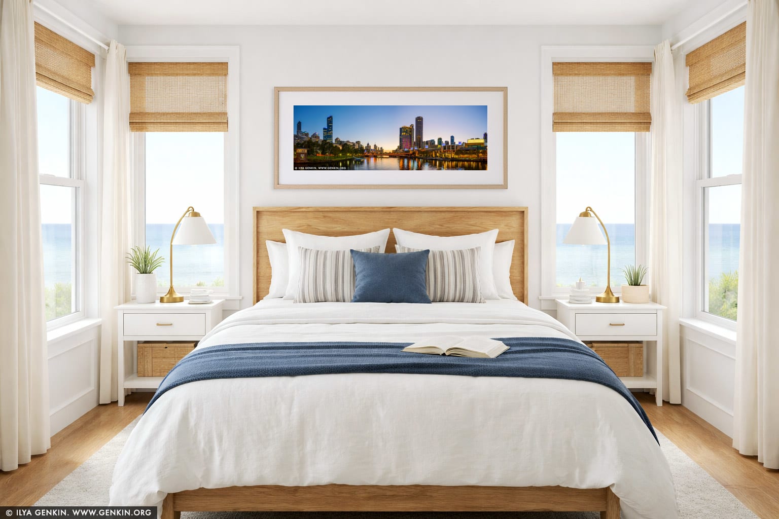 Melbourne, Southbank and Yarra River at Sunrise wall art in a bedroom interior
