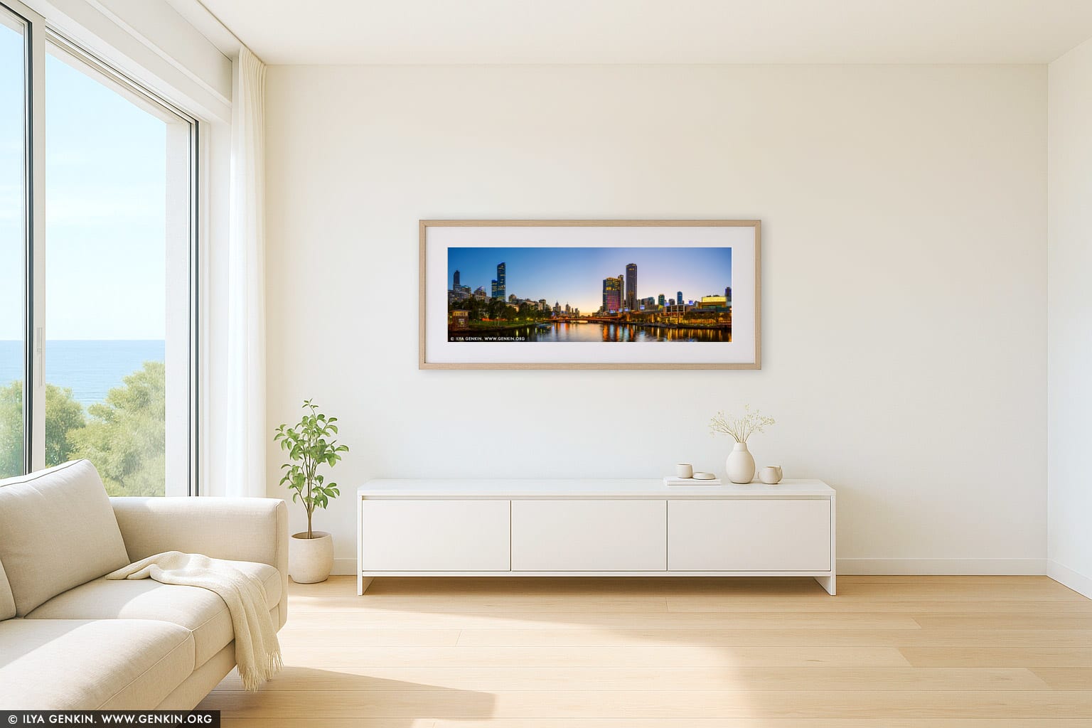 Melbourne, Southbank and Yarra River at Sunrise wall art in a contemporary living room interior