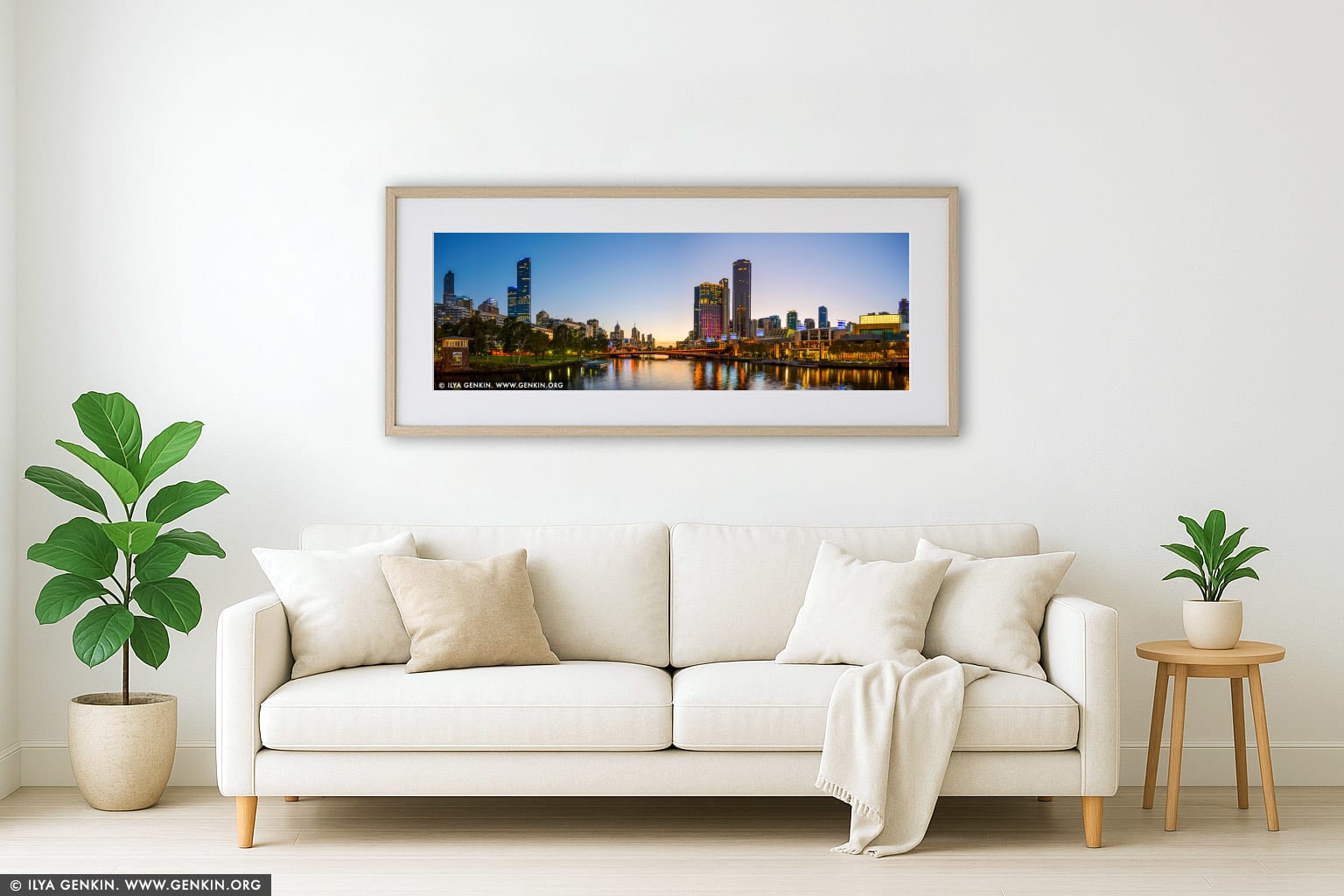 Melbourne, Southbank and Yarra River at Sunrise wall art in a modern living room interior