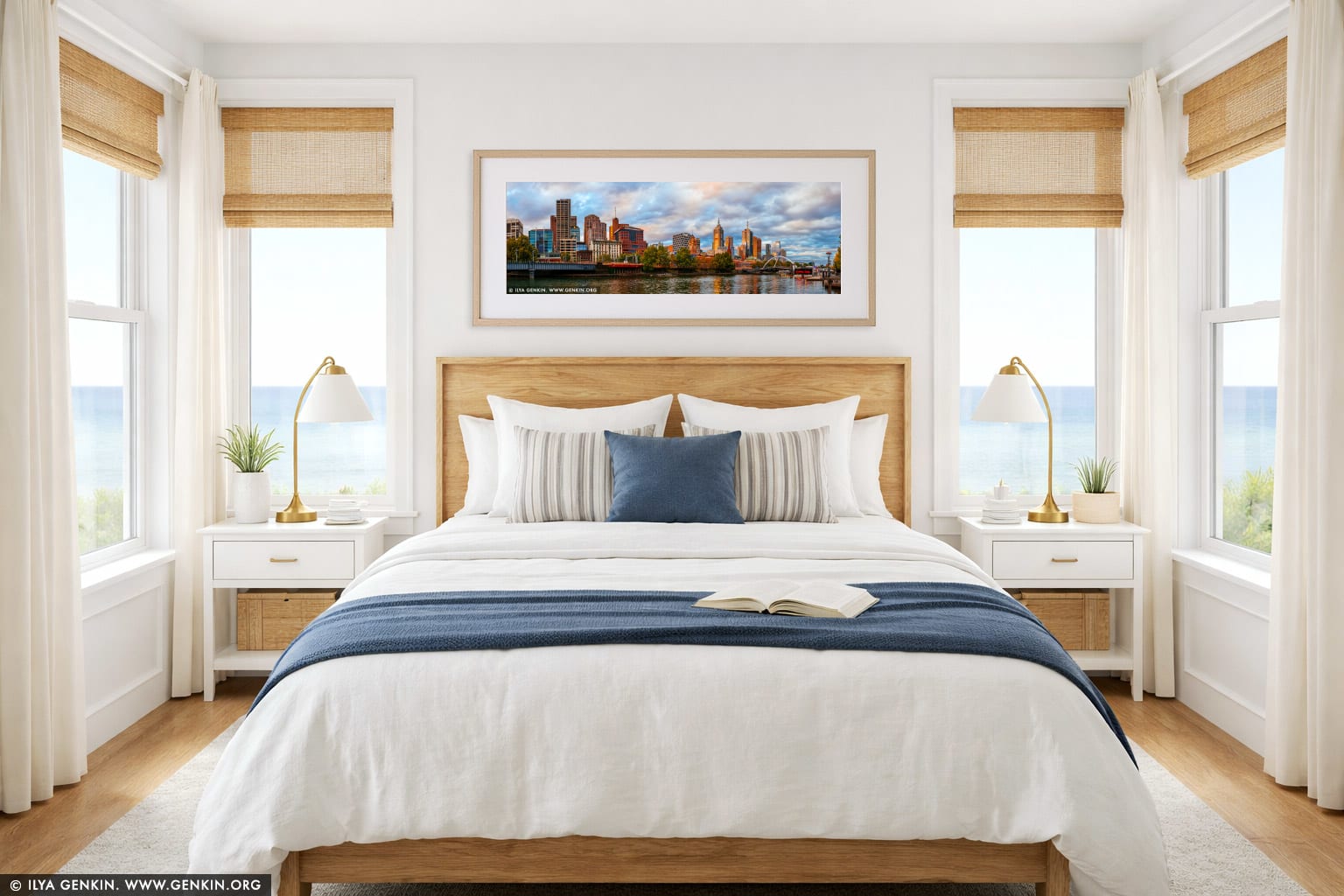 Melbourne, Rainbow Pedestrian Bridge and Flinders Street Station at Sunset wall art in a bedroom interior