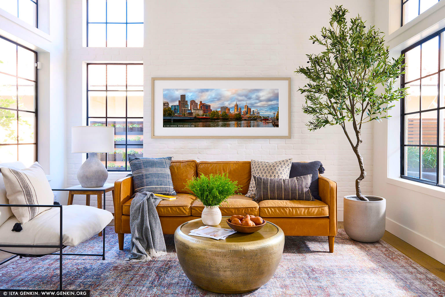 Melbourne, Rainbow Pedestrian Bridge and Flinders Street Station at Sunset wall art in a minimalist living room interior