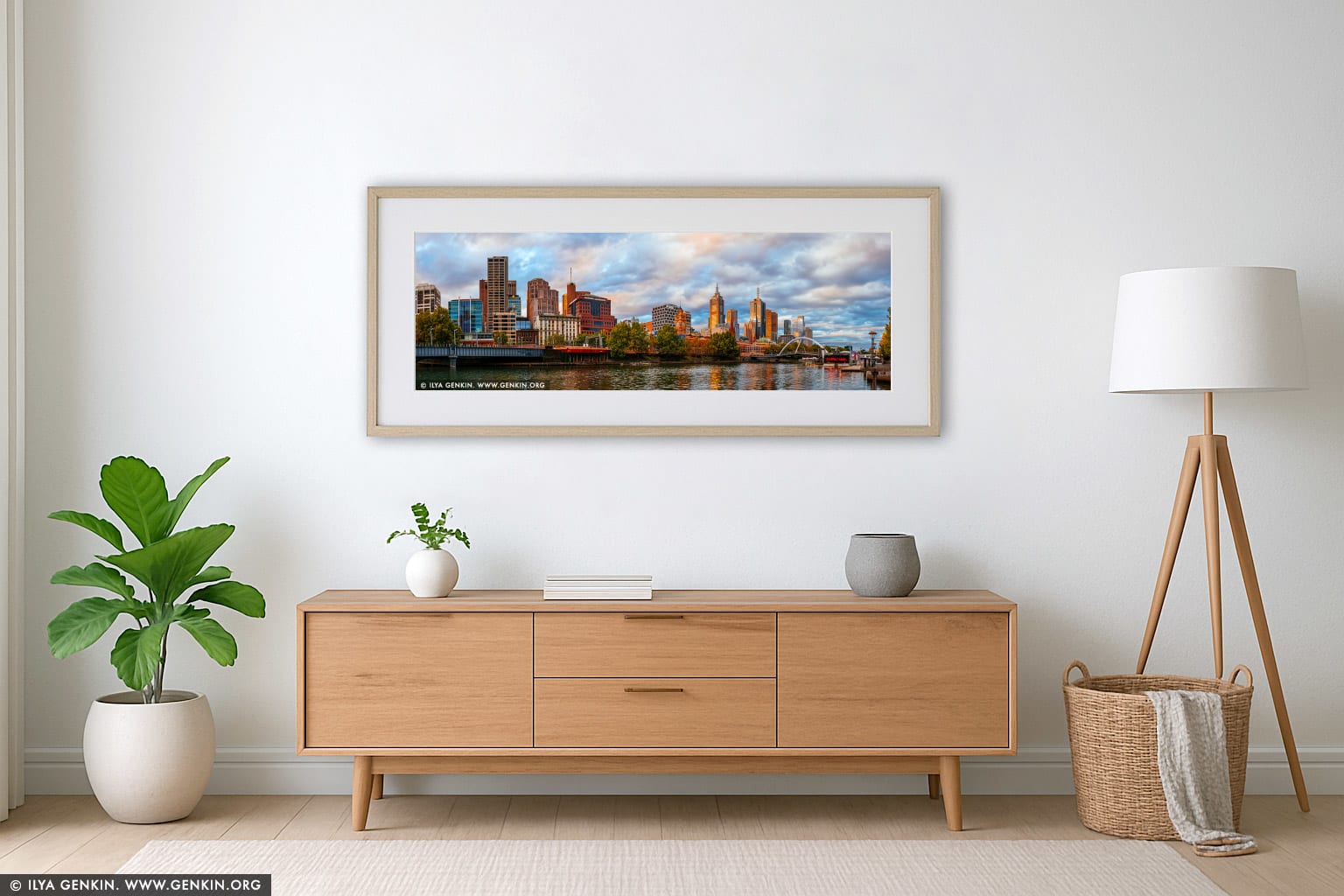 Melbourne, Rainbow Pedestrian Bridge and Flinders Street Station at Sunset wall art in a luxury living room interior