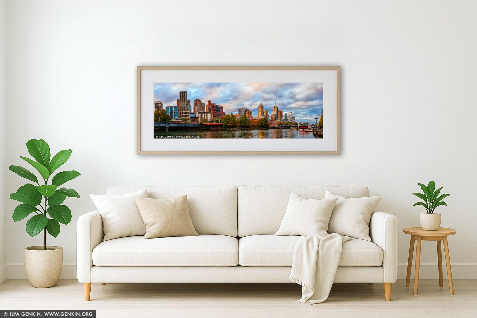 Melbourne, Rainbow Pedestrian Bridge and Flinders Street Station at Sunset wall art in a contemporary living room interior