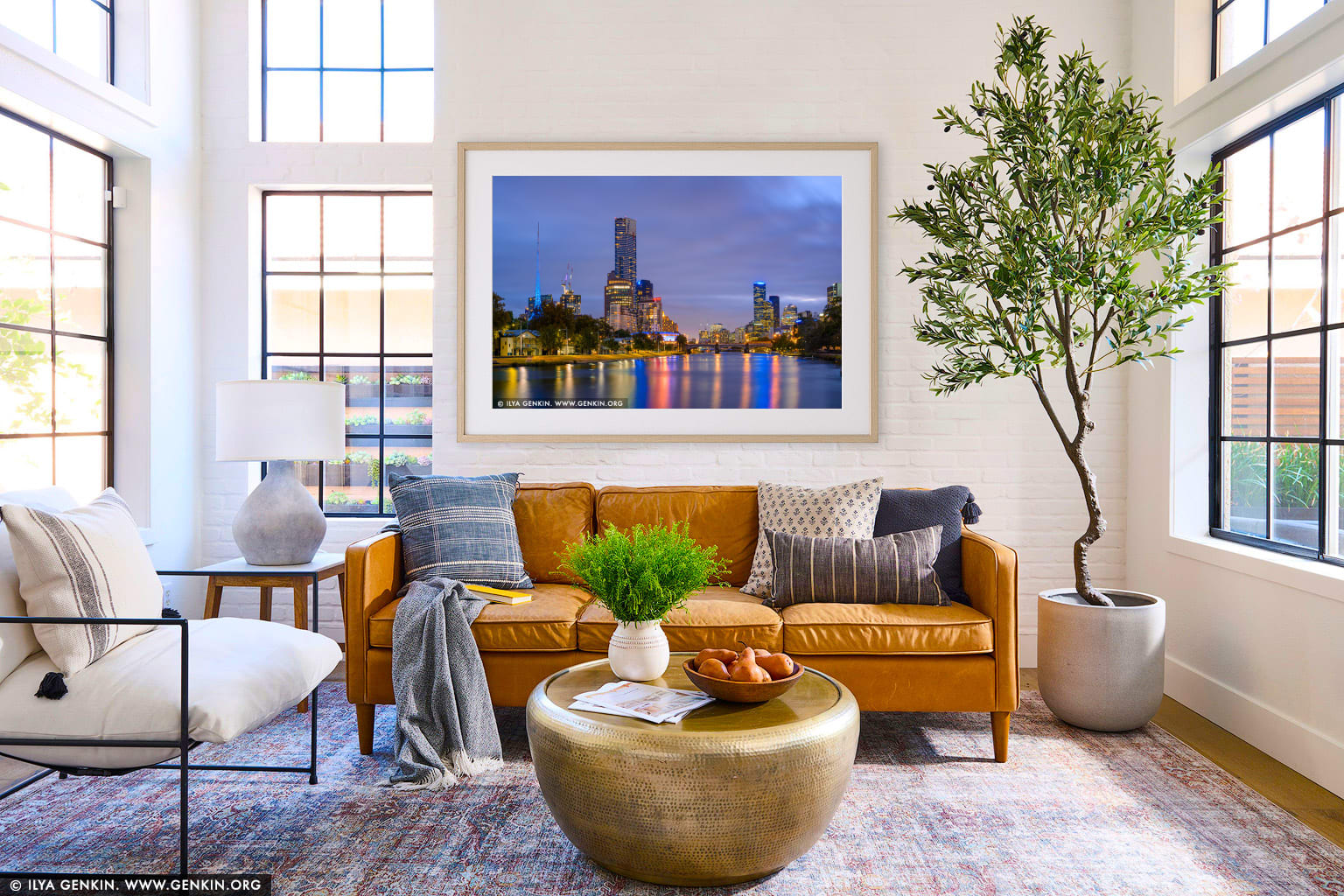 Melbourne, Southbank, Princess Bridge and Yarra River at Night wall art in a luxury living room interior