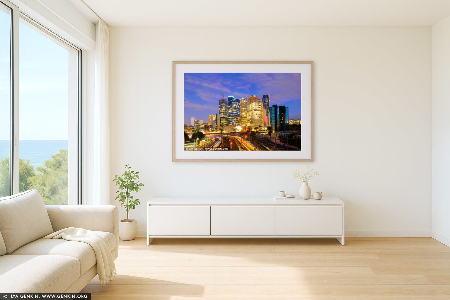Melbourne City at Sunrise wall art in a modern living room interior