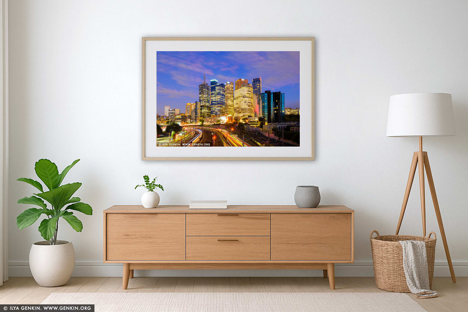 Melbourne City at Sunrise wall art in a contemporary living room interior