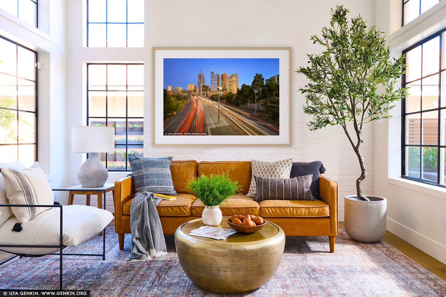 Melbourne City at Sunrise wall art in a luxury living room interior