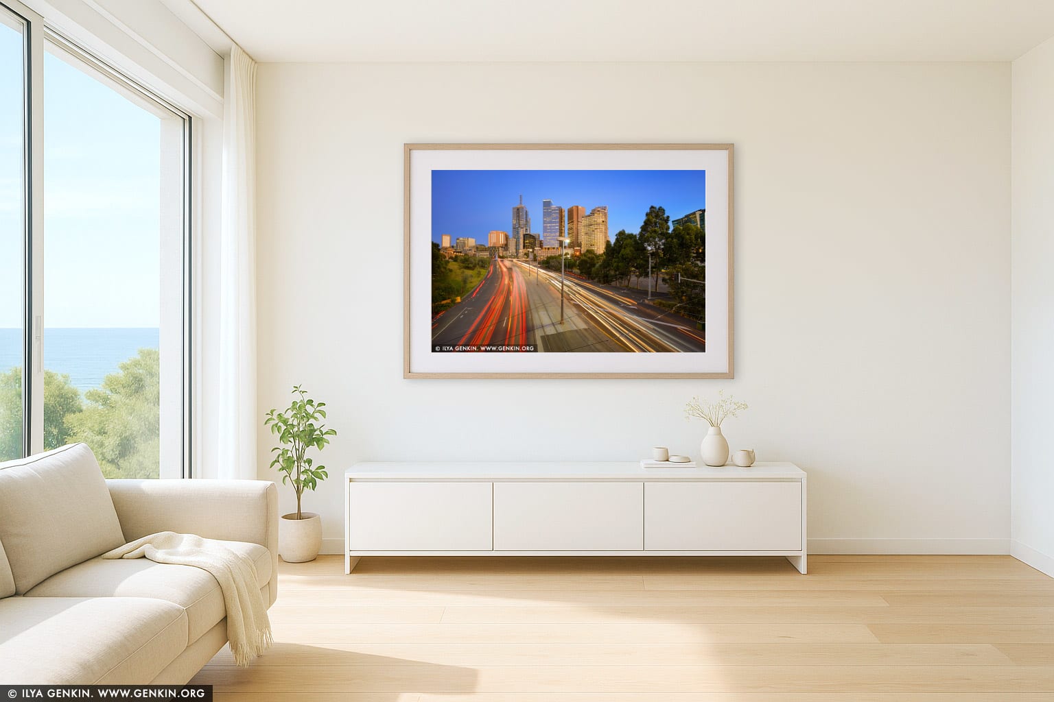 Melbourne City at Sunrise wall art in a luxury living room interior