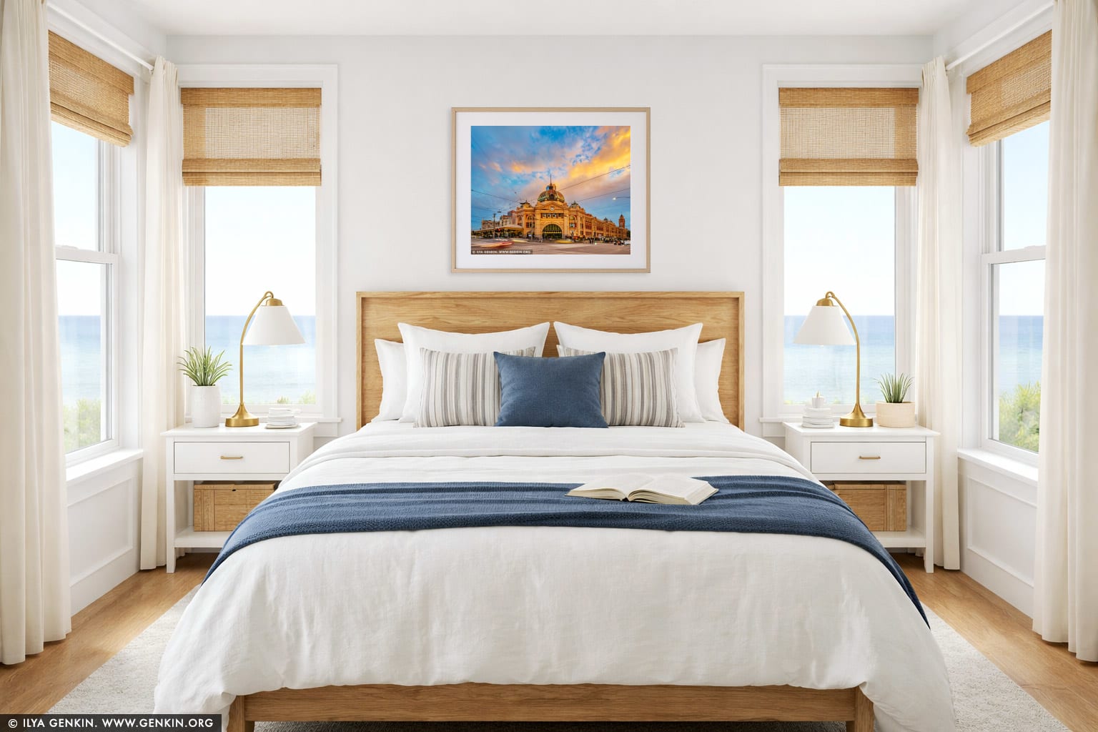 Golden Glow Over Flinders Street Station wall art in a bedroom interior
