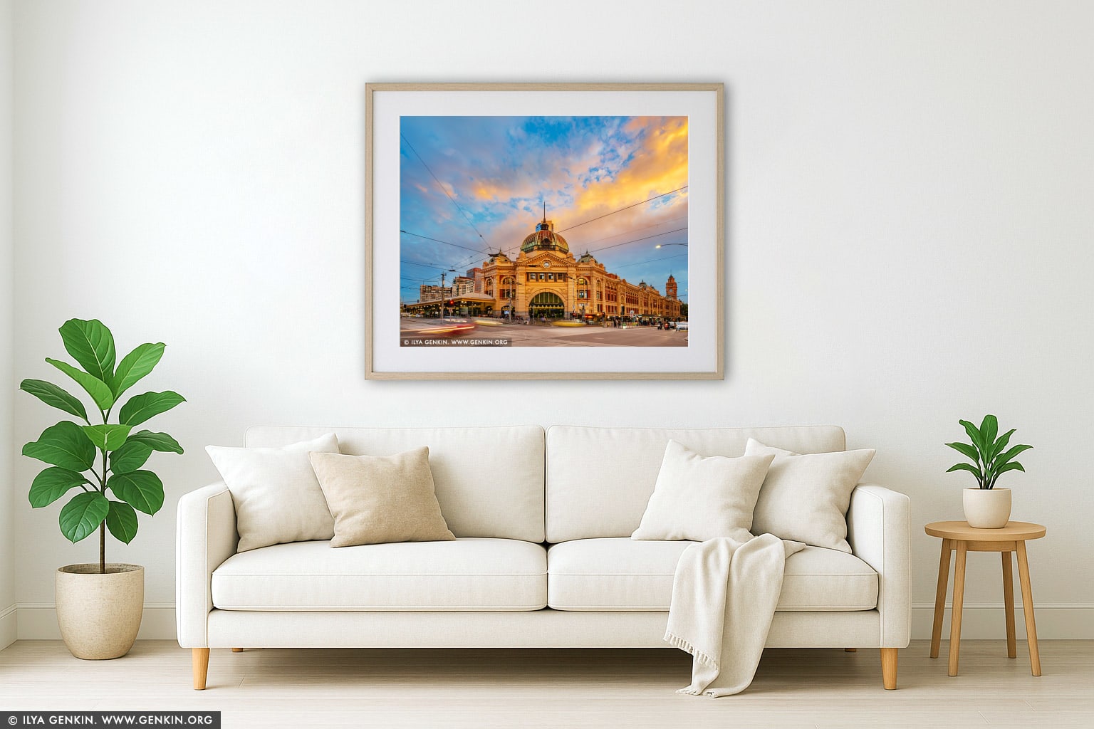 Golden Glow Over Flinders Street Station wall art in a contemporary living room interior