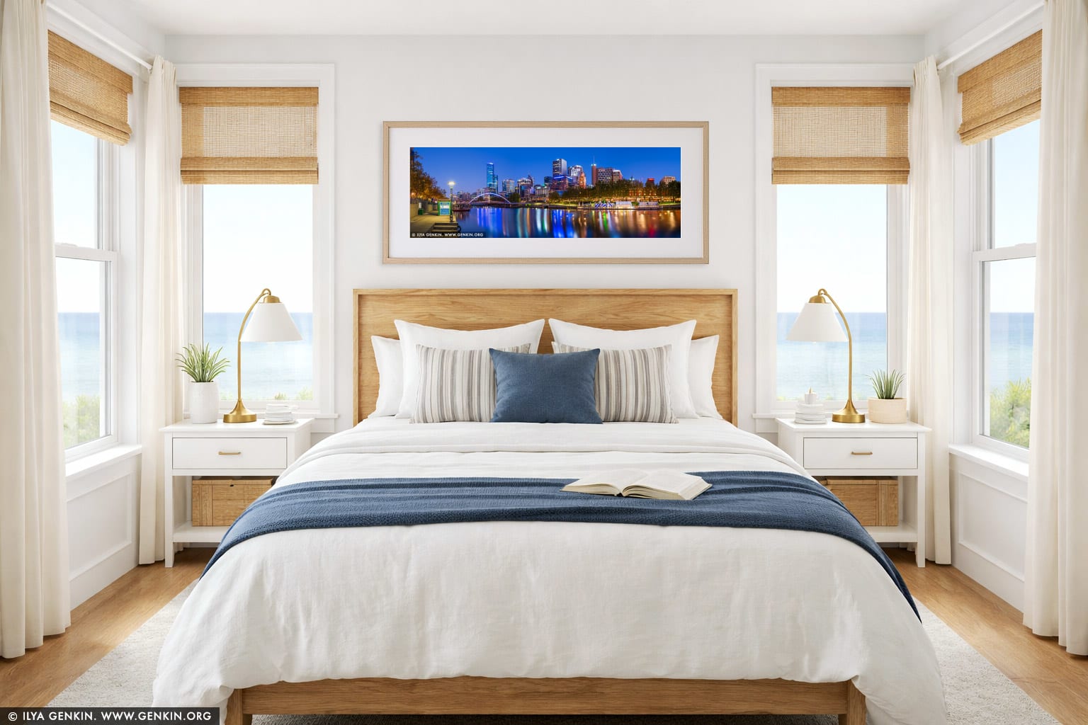 Melbourne CBD, Rainbow Bridge and Flinders Street Station at Twilight wall art in a bedroom interior