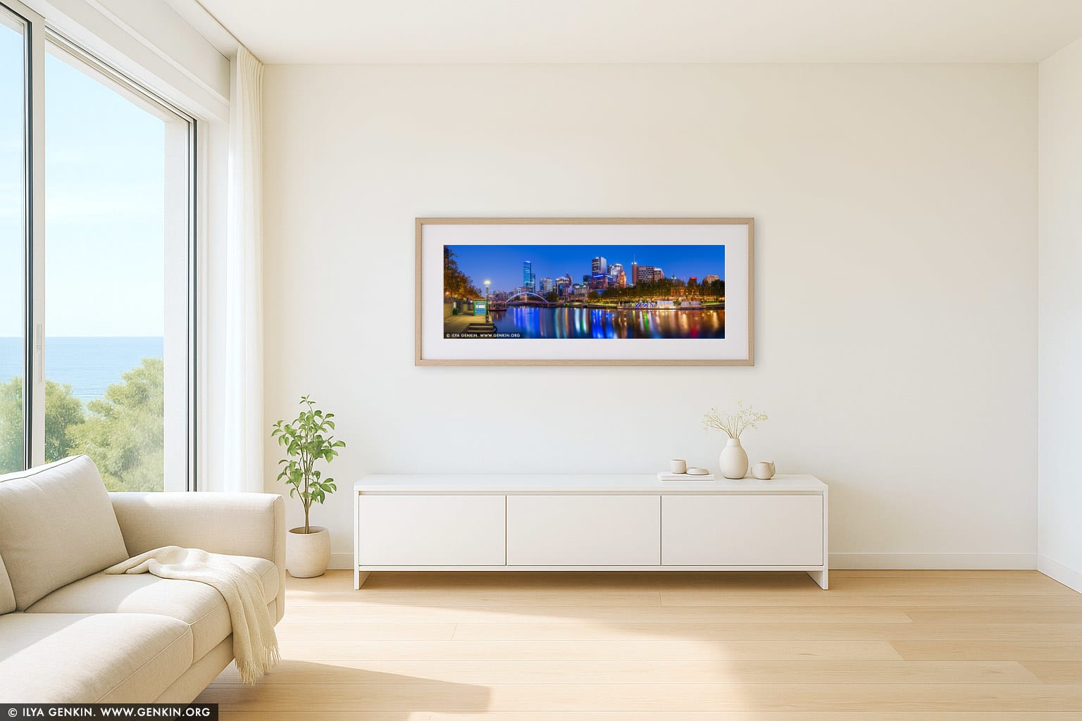 Melbourne CBD, Rainbow Bridge and Flinders Street Station at Twilight wall art in a modern living room interior