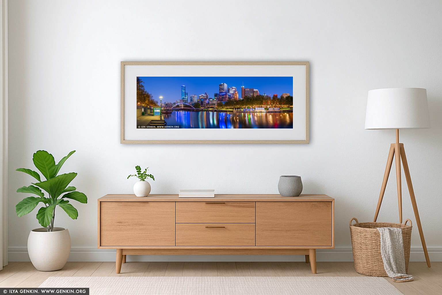 Melbourne CBD, Rainbow Bridge and Flinders Street Station at Twilight wall art in a contemporary living room interior