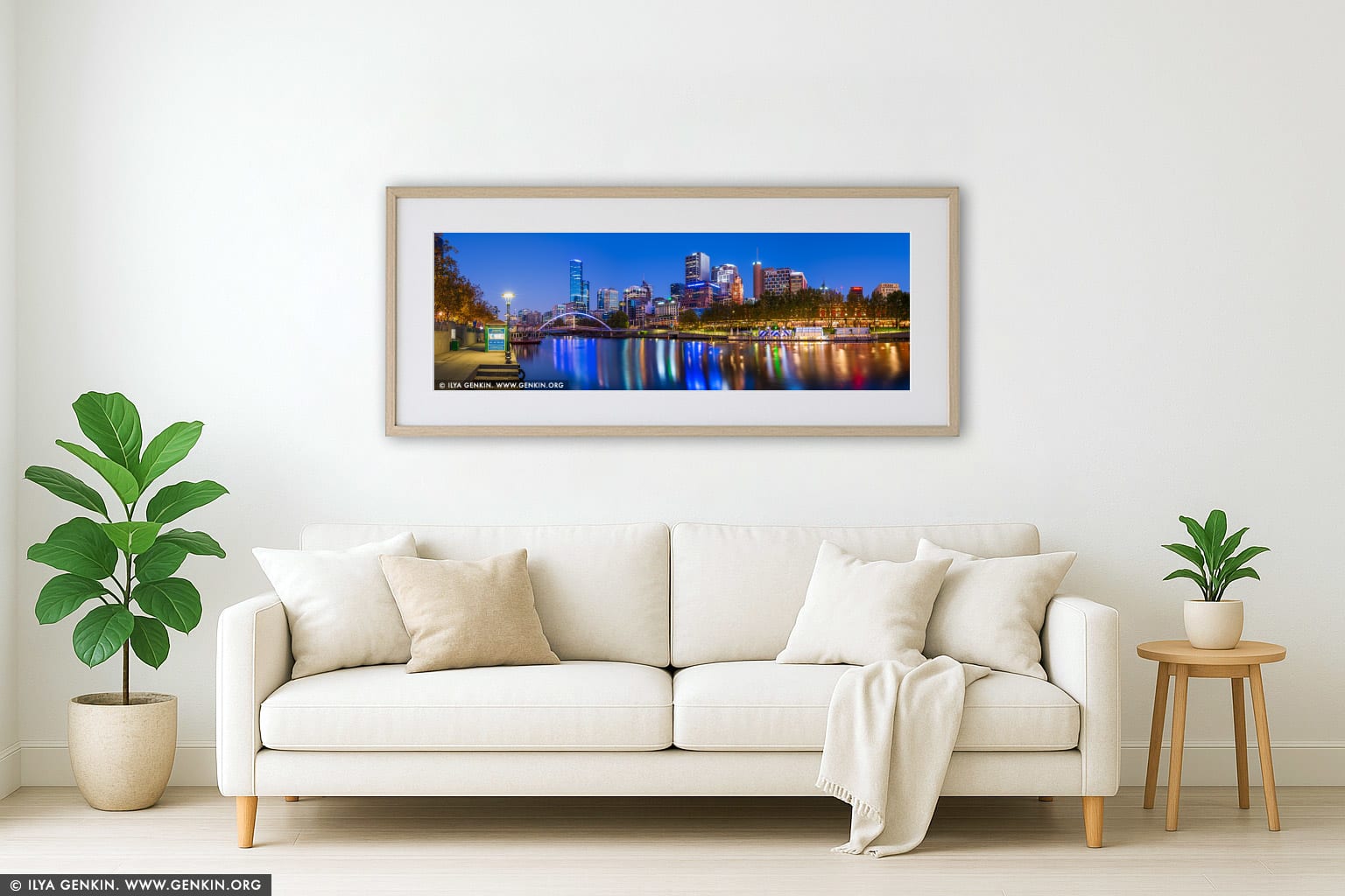 Melbourne CBD, Rainbow Bridge and Flinders Street Station at Twilight wall art in a luxury living room interior