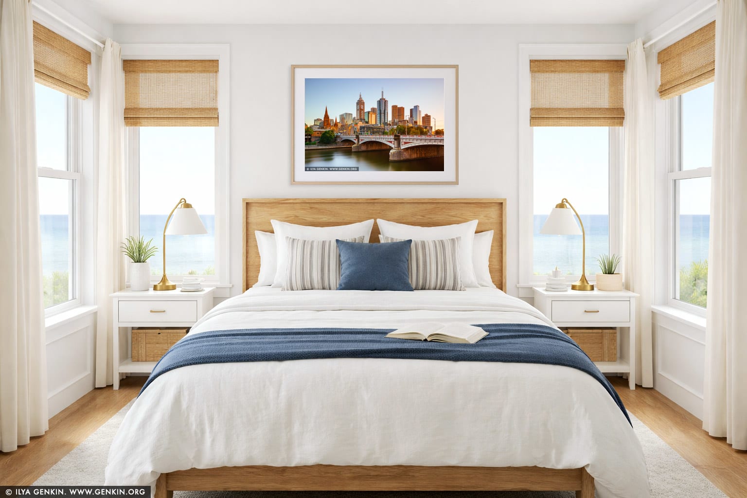 Melbourne, Princes Bridge and Flinders Street Station at Sunrise wall art in a bedroom interior