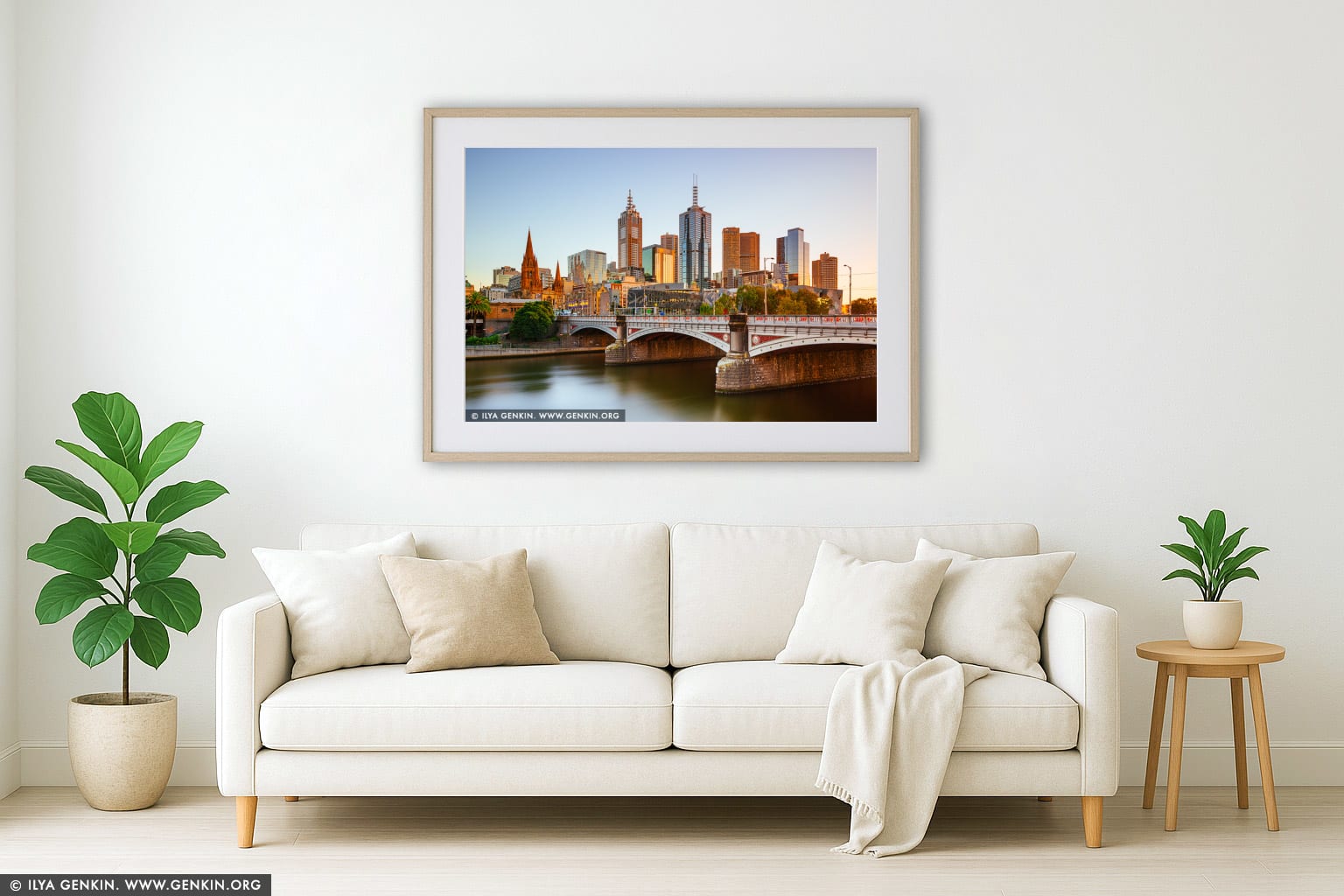 Melbourne, Princes Bridge and Flinders Street Station at Sunrise wall art in a contemporary living room interior