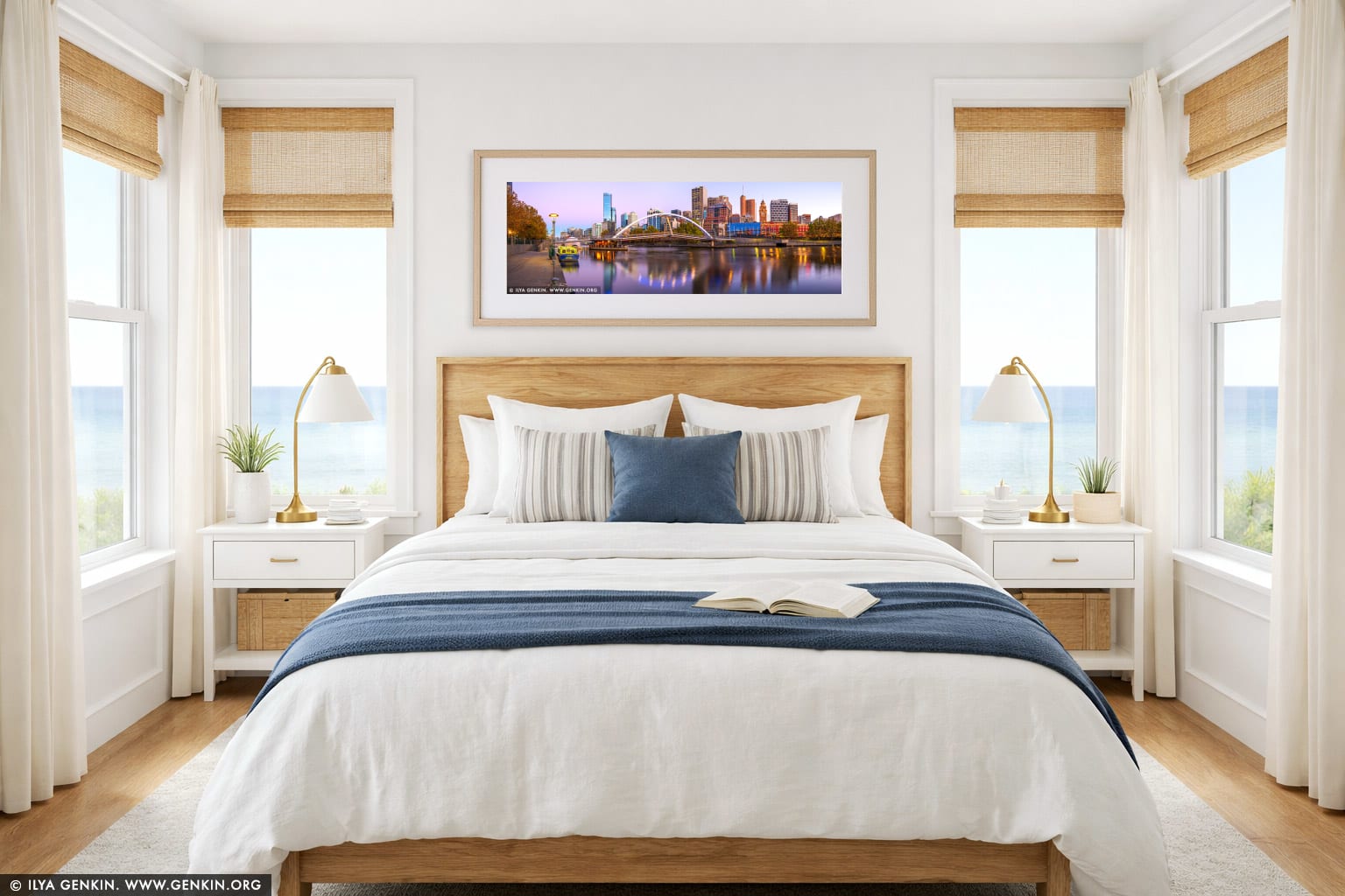 Melbourne, Rainbow Bridge and Flinders Street Station at Dawn wall art in a bedroom interior