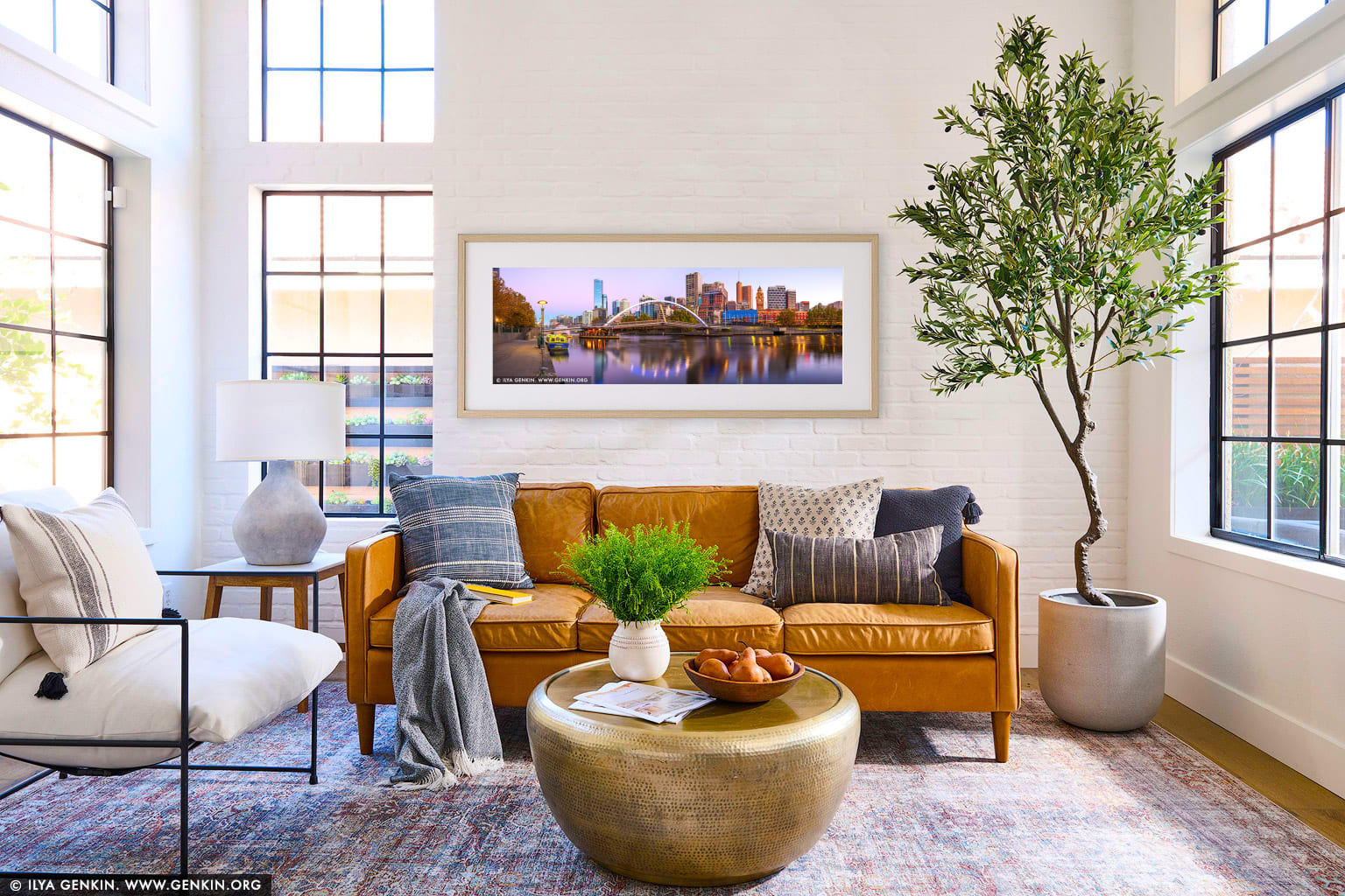 Melbourne, Rainbow Bridge and Flinders Street Station at Dawn wall art in a luxury living room interior