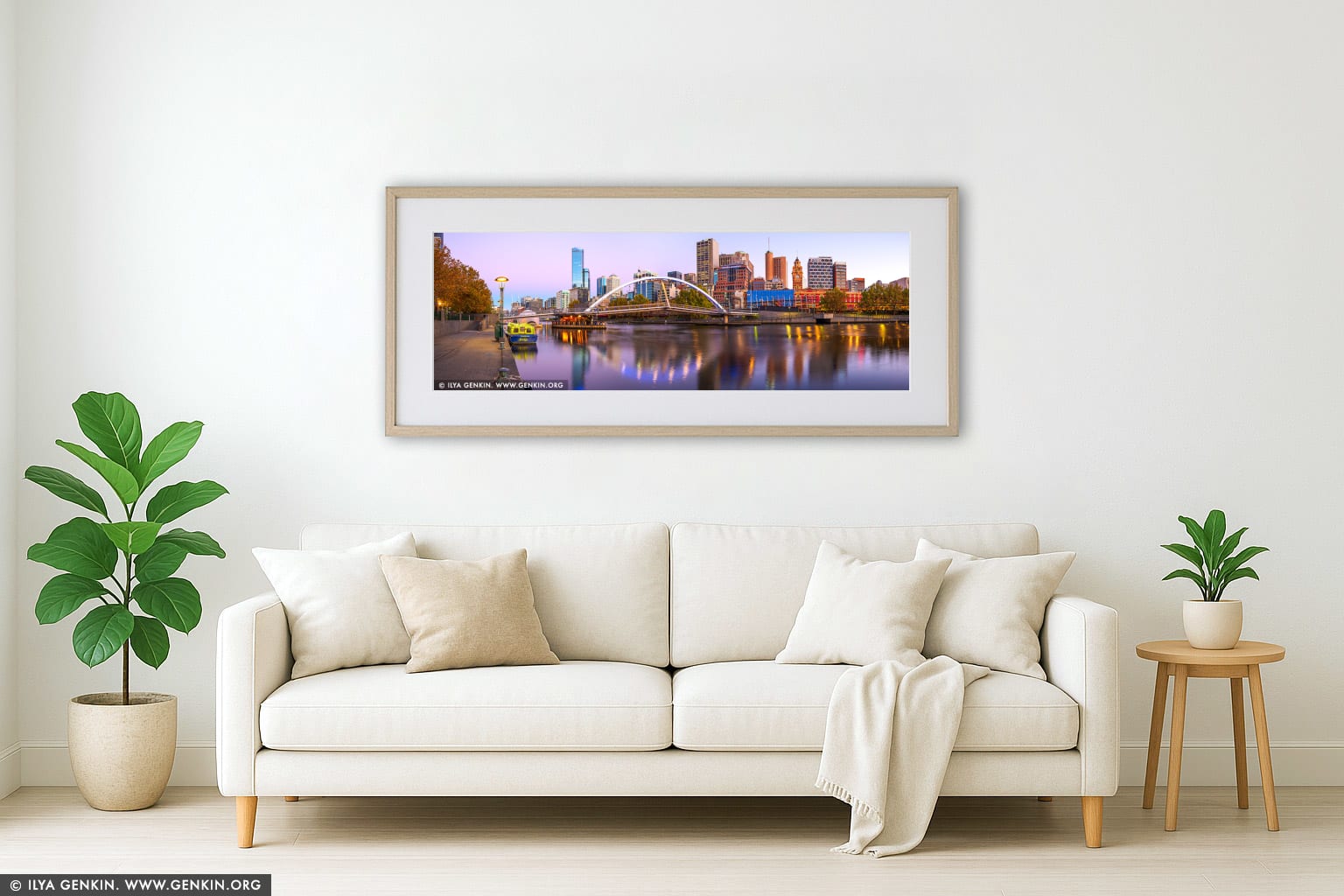 Melbourne, Rainbow Bridge and Flinders Street Station at Dawn wall art in a minimalist living room interior