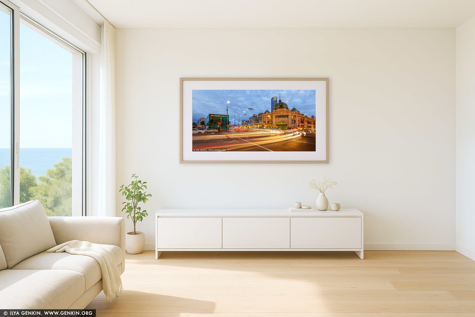 Flinders Street Station at Night wall art in a modern living room interior