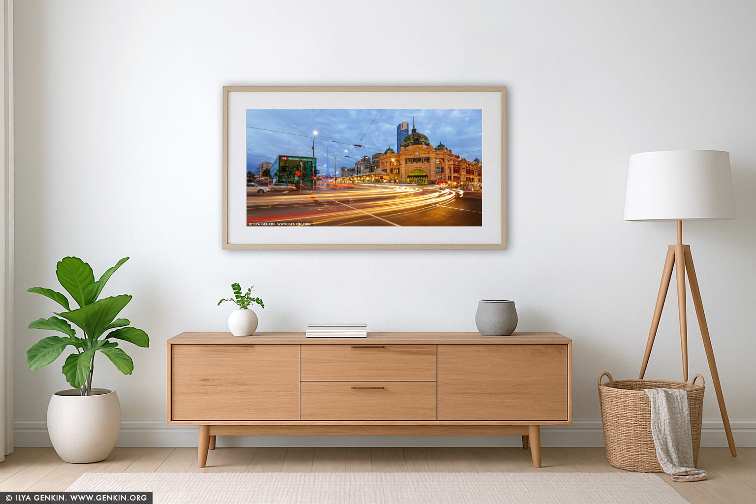 Flinders Street Station at Night wall art in a contemporary living room interior