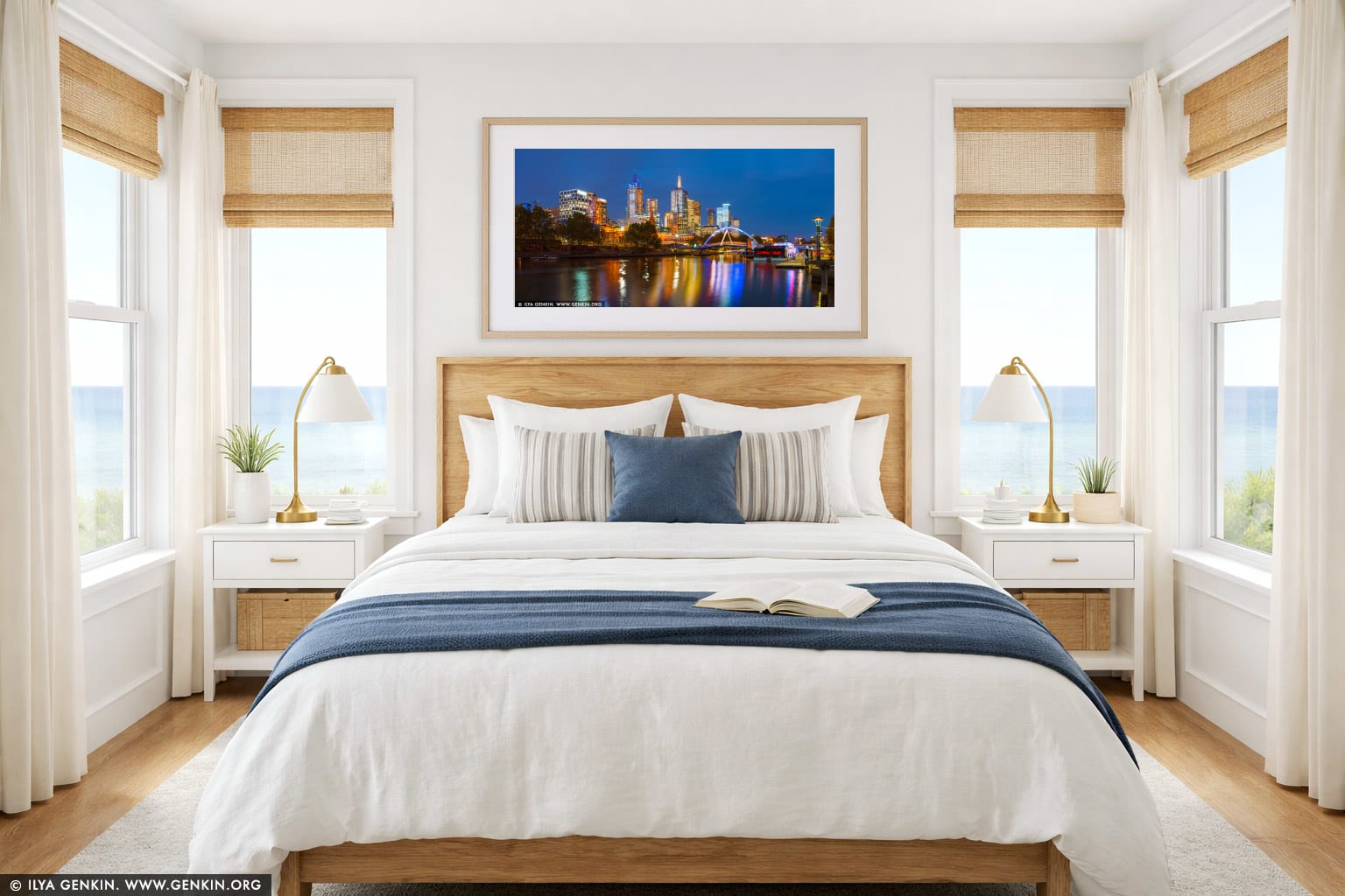 Melbourne, Rainbow Pedestrian Bridge and Flinders Street Station at Night wall art in a bedroom interior