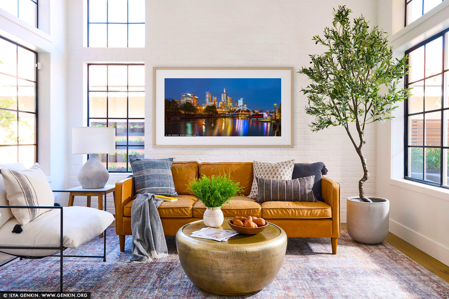 Melbourne, Rainbow Pedestrian Bridge and Flinders Street Station at Night wall art in a contemporary living room interior